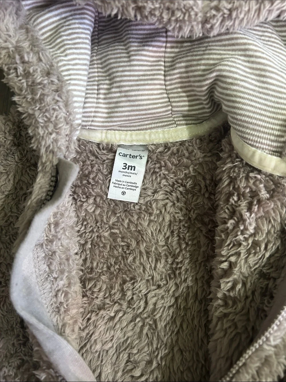 Carter’s Unisex Cozy Plush Hooded One-Piece in Light Taupe  size 3M
